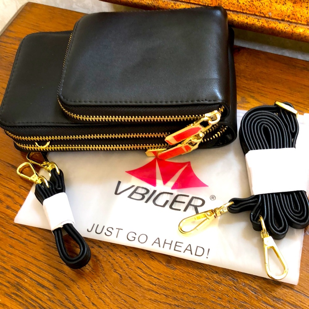 New VBIGER cell phone, crossbody, wristlet purse.  3 seperate zip compartments.
